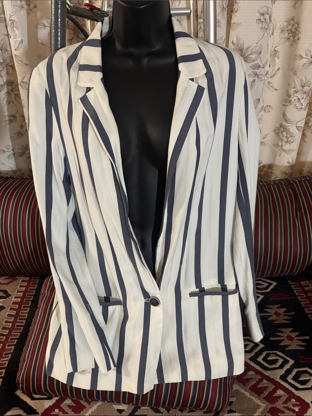 Zara White and gray Vertical Stripe Button-Down Blazer Jacket